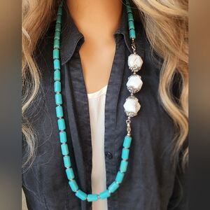 Natural Blue Haowlite/Turquoise White Himalayan Quartz Silver Designer Necklace